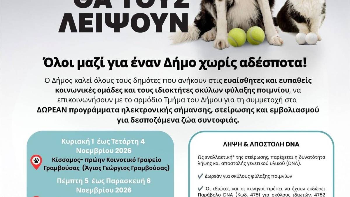 Αφίσα του Δήμου Κισσάμου για τα δωρεάν προγράμματα σήμανσης, στείρωσης και εμβολιασμού ζώων συντροφιάς.