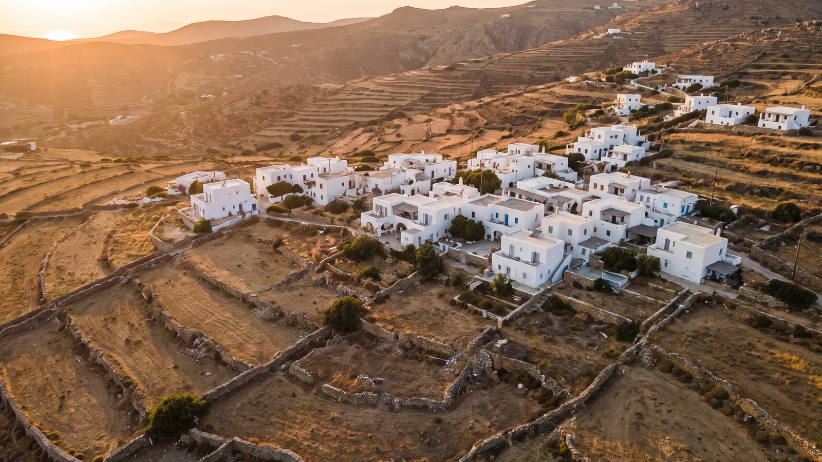 Αεροφωτογραφία κυκλαδίτικου οικισμού με λευκά κτίσματα. Ενδεικτική εικόνα.
